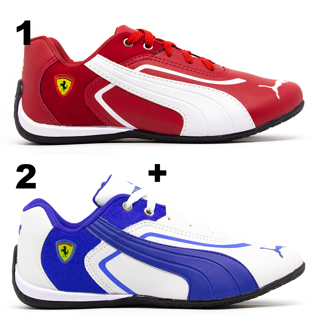 Kit 2 Pares Tênis Puma Ferrari New Vermelho e Branco + Branco e Azul